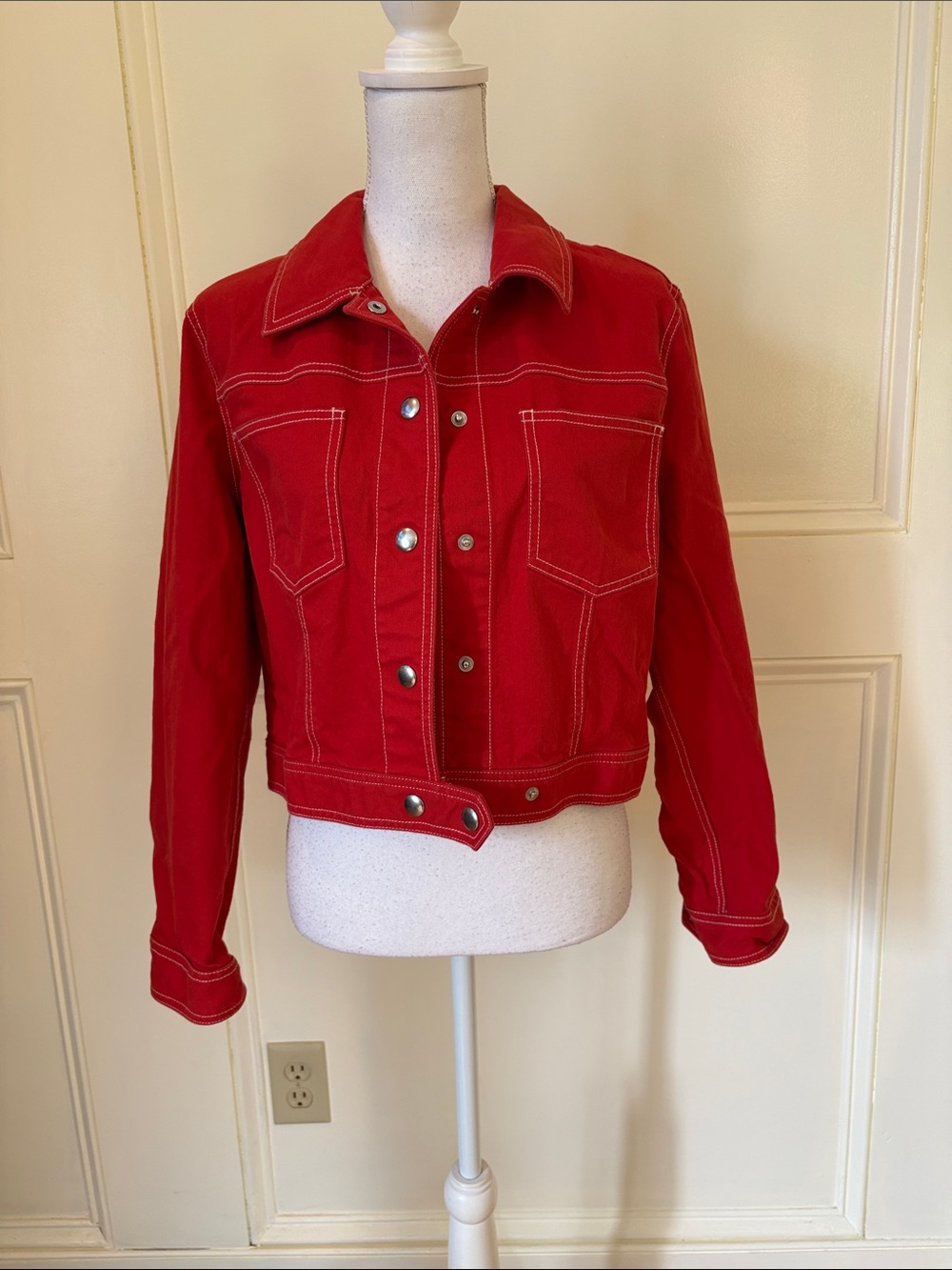 J. Crew Red Cropped Denim Jacket with Contrast Stitching